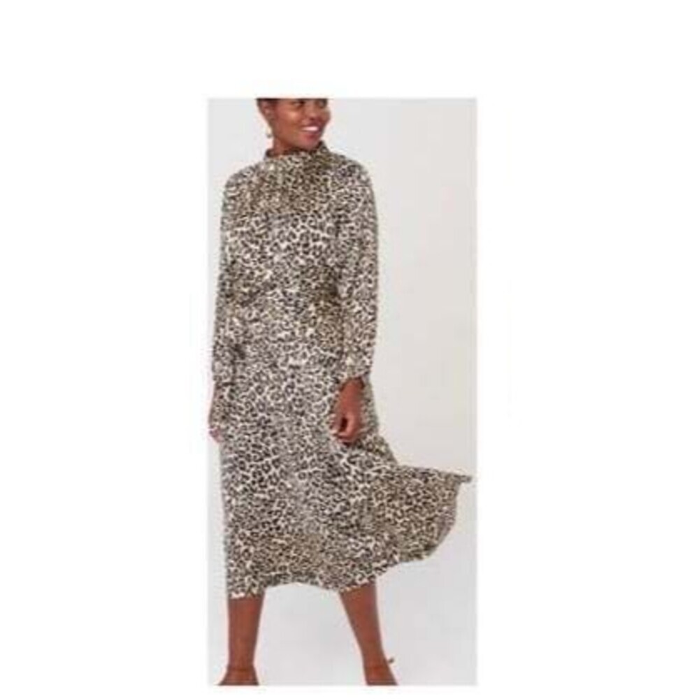 Loft Leopard Print Long Sleeve Midi Dress Size 12 Career Minimalist Animal Print